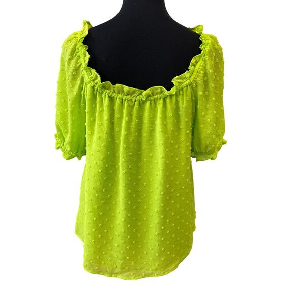 New CECE Women's Green Short Puff Sleeve Square Neck Clip Dot Top Size XS - Picture 4 of 6